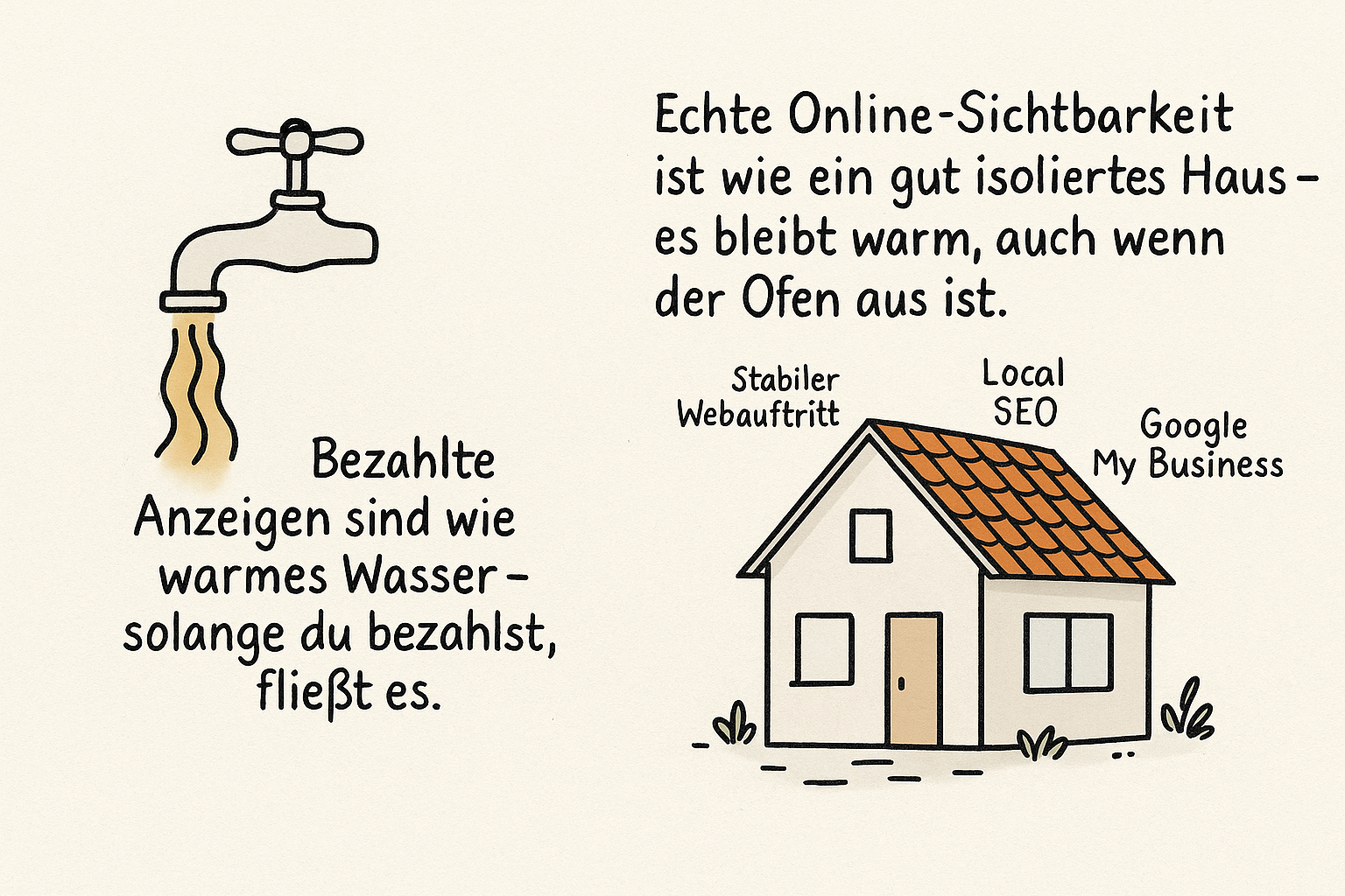 Handgezeichnete Infografik: Links ein Wasserhahn mit der Beschriftung „Bezahlte Anzeigen sind wie warmes Wasser – solange du bezahlst, fließt es.“ Rechts ein isoliertes Haus mit der Beschriftung „Echte Online-Sichtbarkeit ist wie ein gut isoliertes Haus – es bleibt warm, auch wenn der Ofen aus ist.“ Elemente wie „Stabiler Webauftritt“, „Local SEO“ und „Google My Business“ sind am Haus markiert.