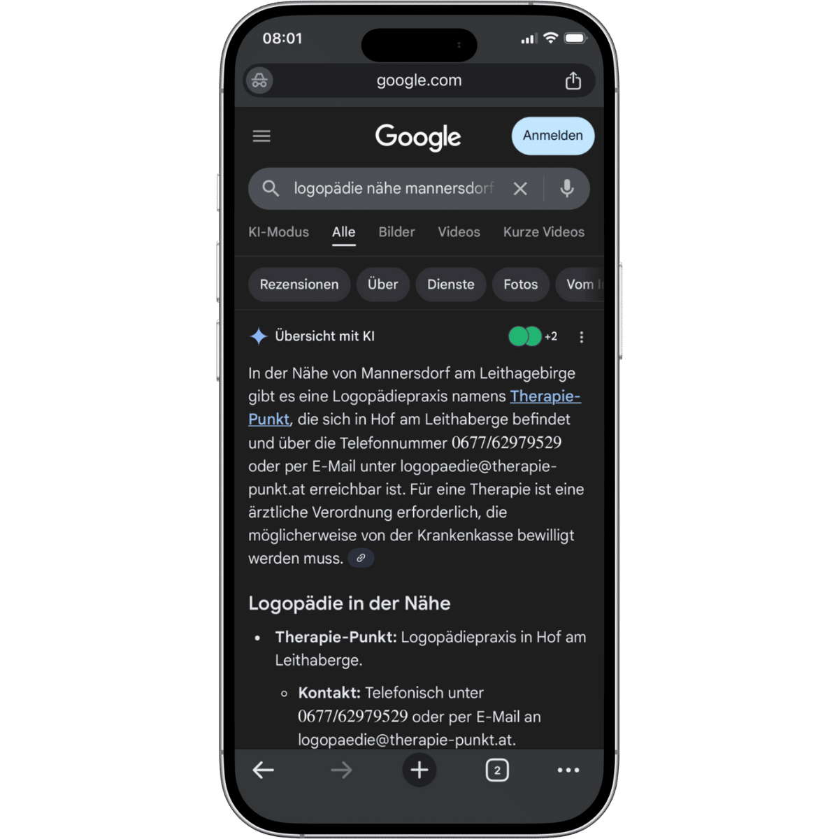 Mockup eines Handy mit Google AI Overview Auschnitt einer Logopädie Praxis.