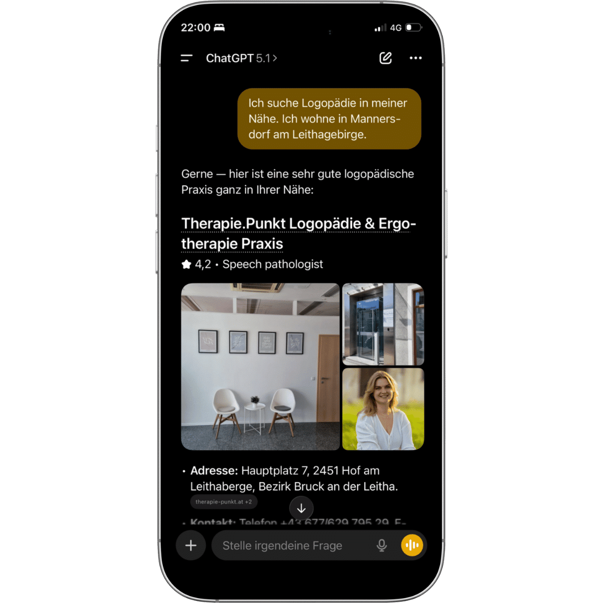 Mockup eines Handy mit ChatGPT Auschnitt einer Logopädie Praxis.
