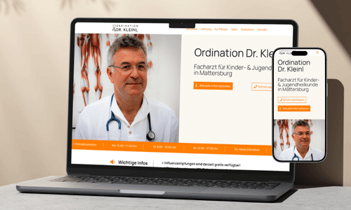 Laptop und Smartphone mit Ansicht der Website von der Ordination Kleinl