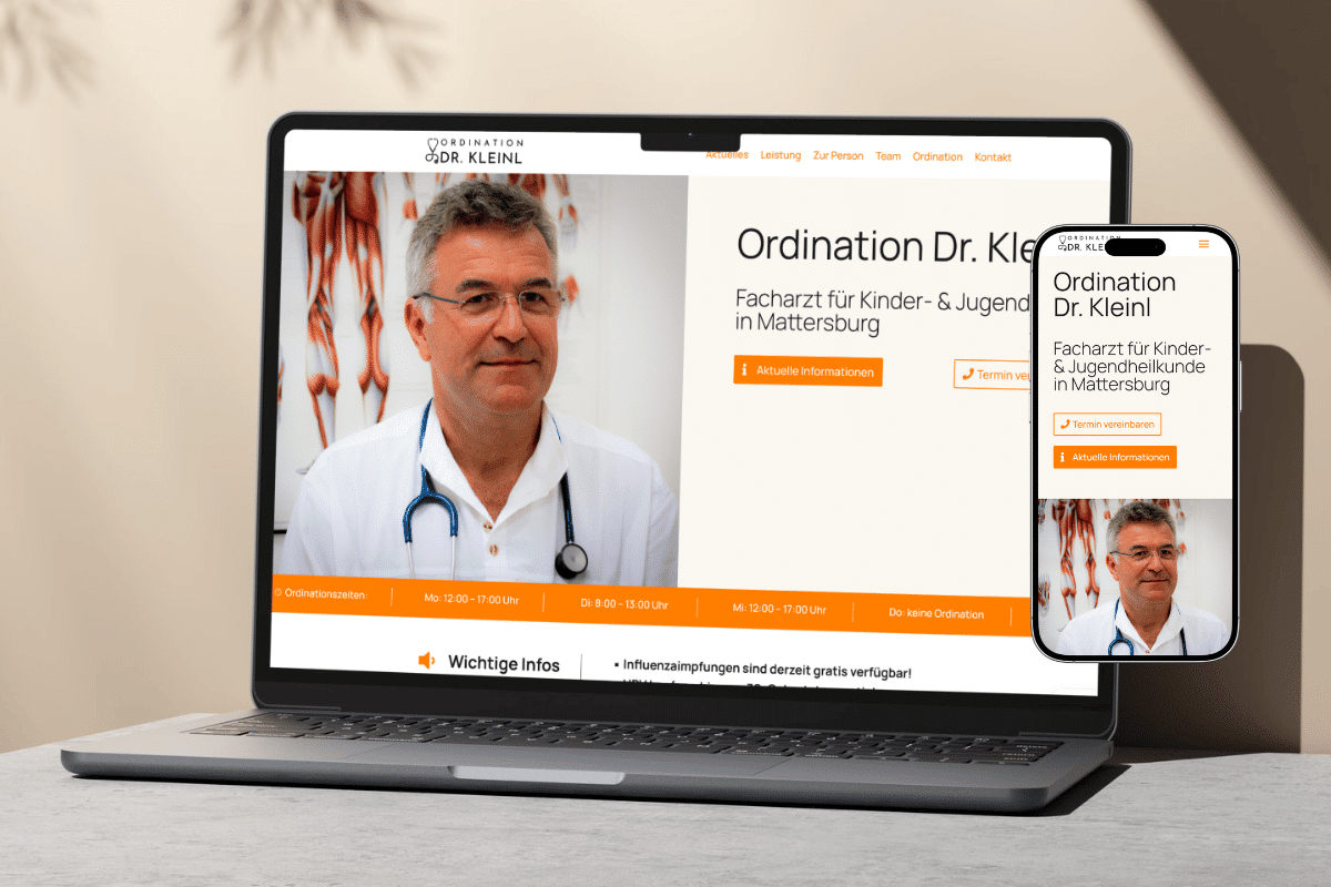 Laptop und Smartphone mit Ansicht der Website von der Ordination Kleinl